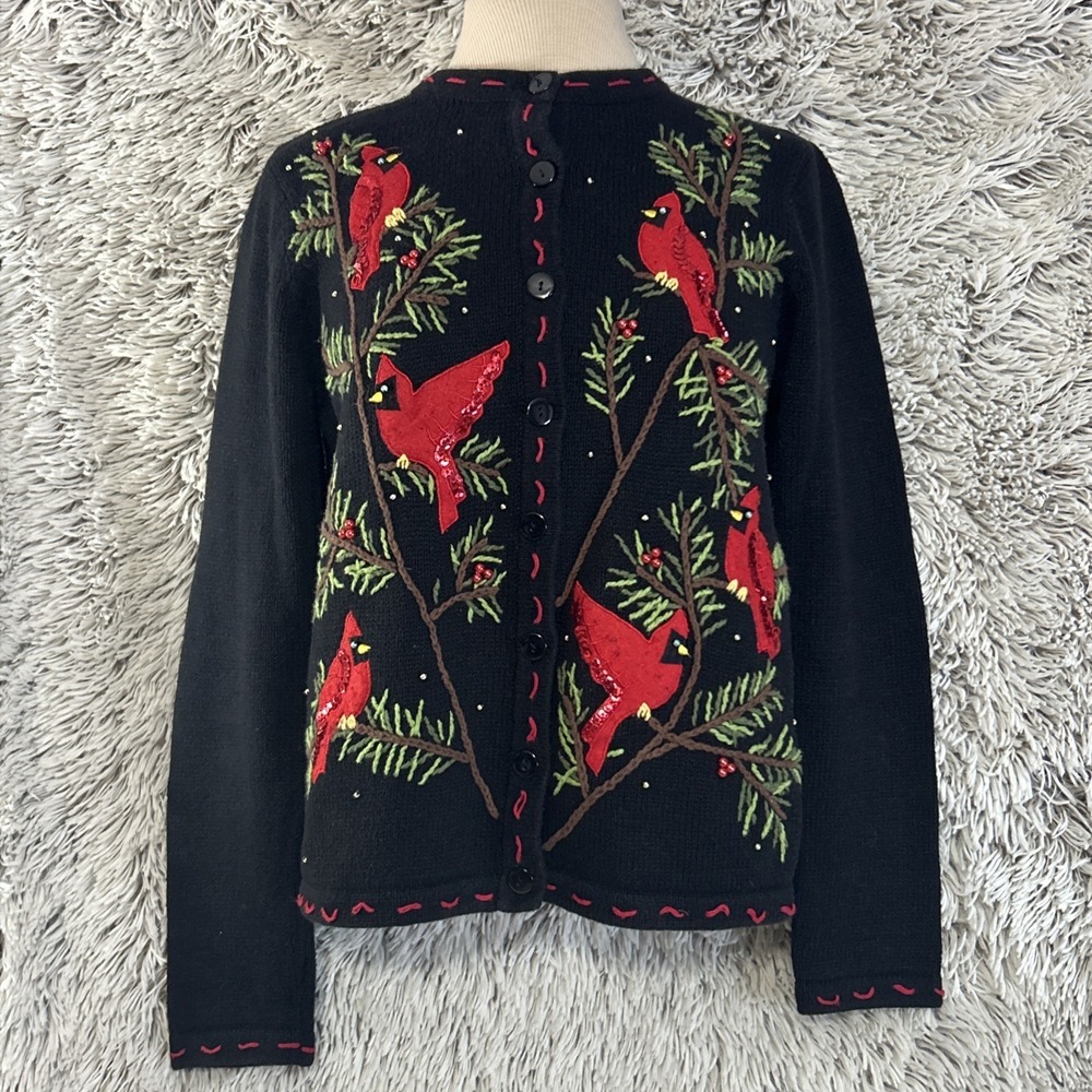 Vintage Red Bird Cardinal Crew Neck Sweater Cardigan Medium 8/10 Holiday Festive